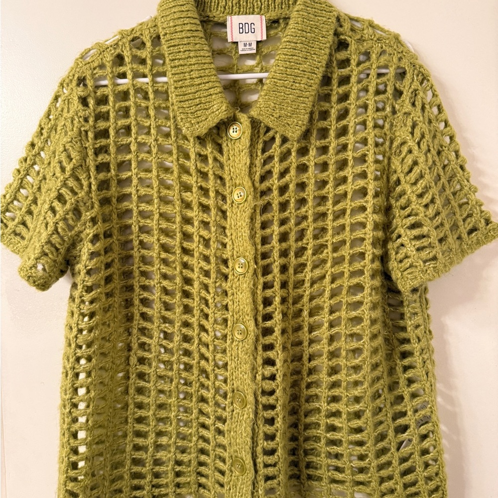 Green Open Knit Button-Up Cardigan